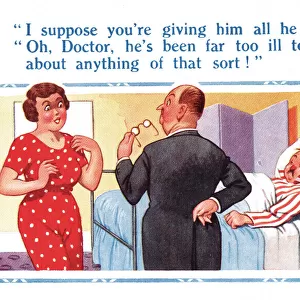 Comic postcard, Doctor visits sick man, wife misunderstands