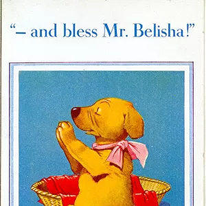 Comic postcard, Dog saying his prayers - bless Mr Belisha