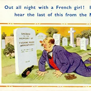 Comic postcard, drunkard in cemetery Date: 20th century
