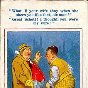 Comic postcard, Two drunkards chatting Date: 20th century