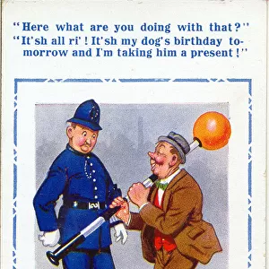 Comic postcard, Drunken man with Belisha beacon and policeman Date: circa 1930s