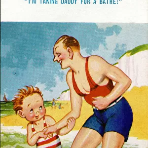 Comic postcard, Father and son in the sea Date: 20th century