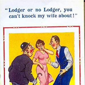 Comic postcard, Husband, wife and lodger Date: 20th century