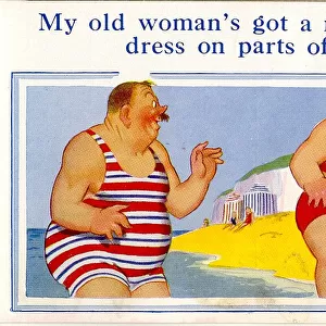 Comic postcard, Large man and woman in the sea