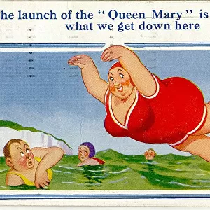 Comic postcard, Large woman diving into the sea Date: 20th century