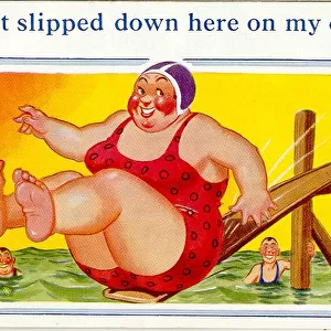 Comic postcard, Large woman sliding into the sea