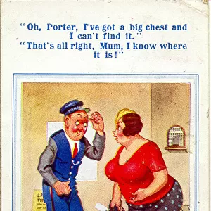 Comic postcard, Large woman and station porter Date: 20th century