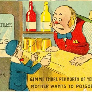 Comic postcard, Little boy and barman Date: 20th century