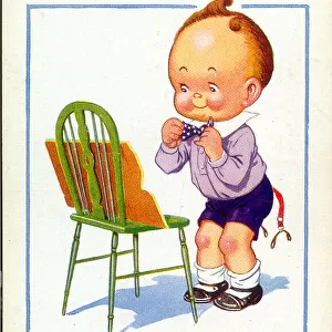 Comic postcard, Little boy getting ready to go out Date: 20th century