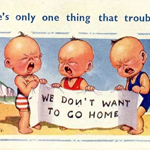 Comic postcard, Three little boys crying on the beach Date: 20th century