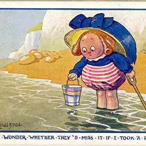 Comic postcard, Little girl paddling at the seaside Date: 20th century