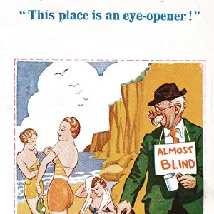 Comic postcard, Man on the beach, almost blind! Date: 20th century
