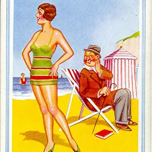 Comic postcard, Man in deckchair at the seaside, admiring a pretty woman in her swimsuit