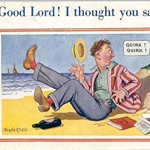 Comic postcard, Man disturbed by duck on the beach - trying to forget about work Date