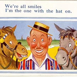 Comic postcard, Man with two donkeys on the beach