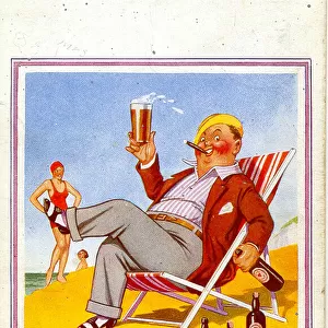 Comic postcard, Man enjoying a glass of beer in a deckchair on the beach Date