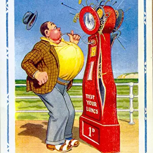 Comic postcard, Man uses lung testing machine at the seaside Date: 20th century