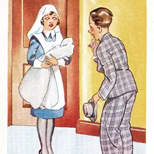 Comic postcard, nurse, baby and new father - girl or boy? Date: 20th century