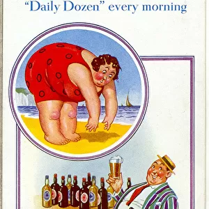 Comic postcard, Plump couple, Daily Dozen on holiday Date: 20th century