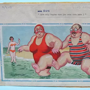 Comic postcard, Plump couple paddling in the sea