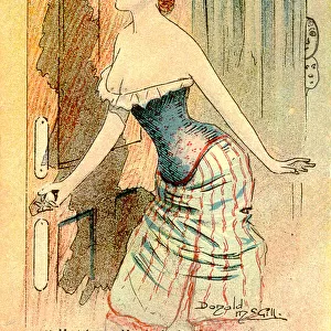 Comic postcard, Pretty woman in her bedroom - locking the door Date: 20th century