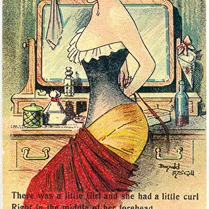 Comic postcard, Pretty woman in her bedroom - tying her stays Date: 20th century