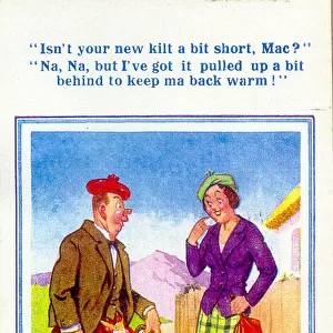 Comic postcard, Scotsman in short kilt chats with young woman Date: 20th century