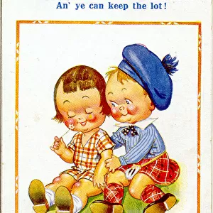 Comic postcard, Scottish boy and girl sitting on the grass Date: 20th century
