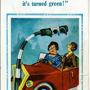 Comic postcard, Two women in a crashed car Date: 20th century