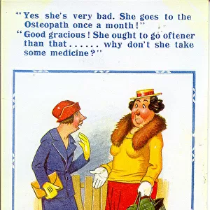 Comic postcard, Two women discuss illness Date: 20th century