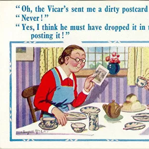 Comic postcard, Two women having breakfast - postcard from the vicar Date