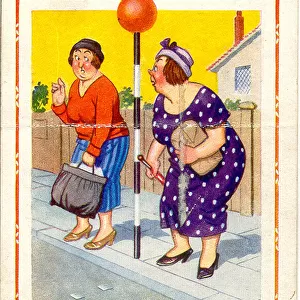 Comic postcard, Women at pedestrian crossing with Belisha beacon Date: circa 1930s