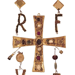 Cross and letters with inlay of precious stones