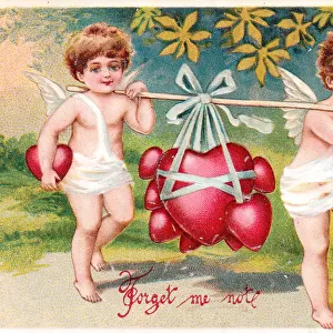 Cupids carrying red hearts on a Valentine postcard