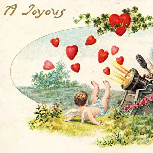 Cupids with red hearts and cannon on a New Year postcard
