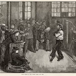 After dinner at the Sailors'Home, in Wells Street, near the London Docks in the East End. A sailor dancing the hornpipe accompanied by a harp. Date: 1873