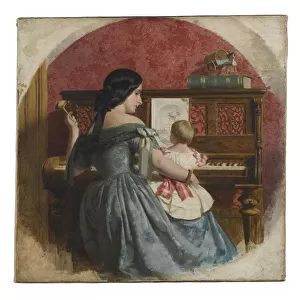 Domestic interior with a mother and child seated at a piano