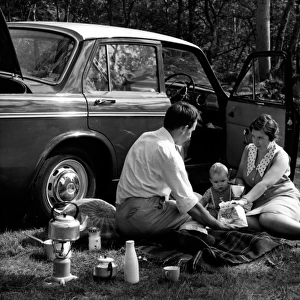 Family of three picnic by their car