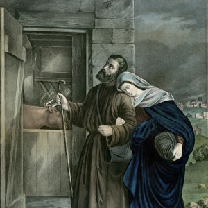 The first Christmas Eve, Mary & Joseph entering the stable o