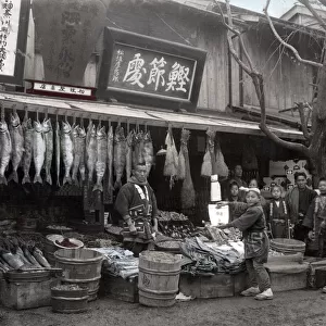 Fish stall, Japan, c. 1880 Vintage late 19th century photograph
