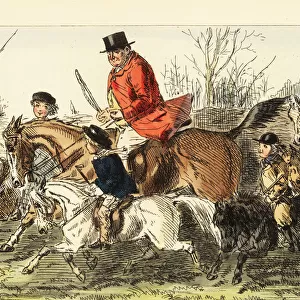 Fox hunting gentleman riding out with boys on ponies