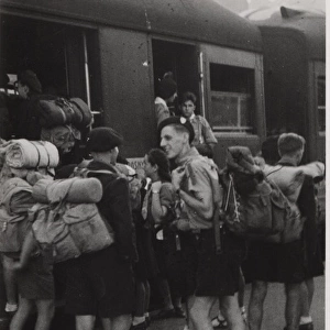 French scouts boarding a train, Paris, France
