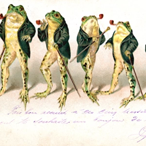 Five frogs with pipes and walking sticks on a postcard