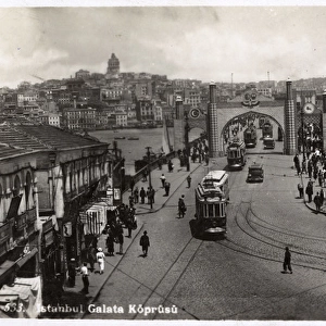Galata Bridge with Tram and temporary ceremonial gateway