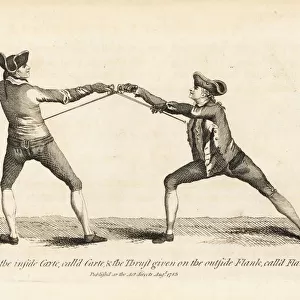 Gentlemen fencers in thrust and guard positions