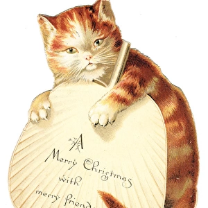 Ginger cat with a fan on a cutout Christmas card
