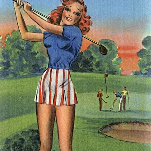 A ginger-haired young lady golfer, completing her swing
