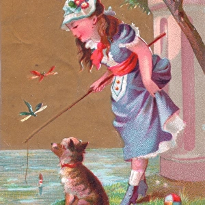 Girl fishing with dog on a greetings card