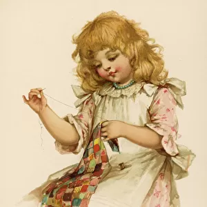 Girl Sewing Quilt C1890