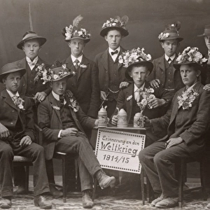 Group photo, young men in flowered hats, WW1